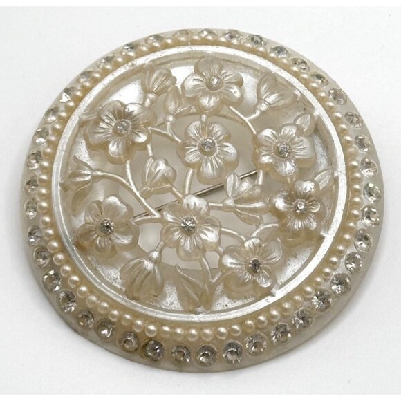 Vintage Rare Celluloid Round Floral Rhinestones Pin Brooch - Picture 3 of 3